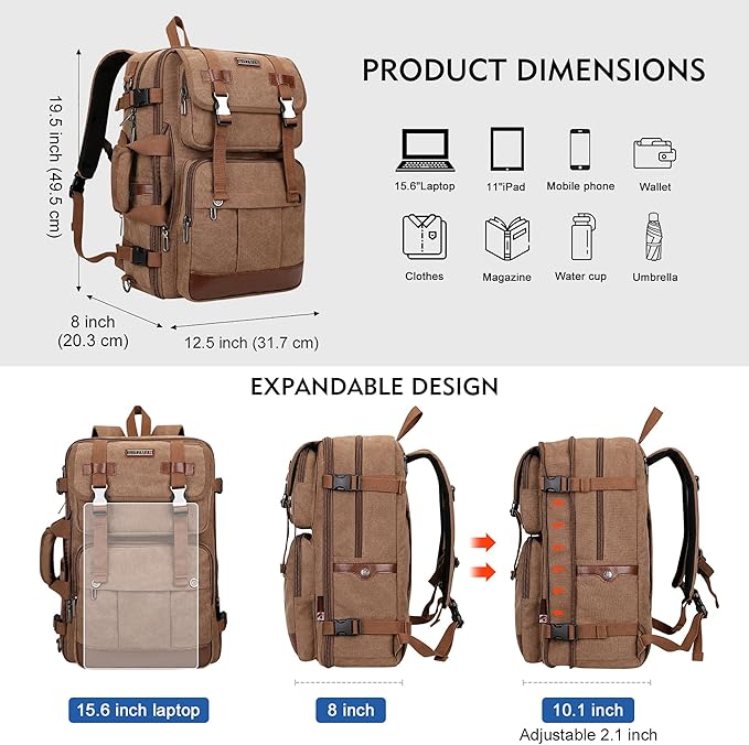WITZMAN Canvas Travel Backpack for Men Large Laptop Backpack Fit 17 inch Carry-on Airline Approved Convertible Shoulder Rucksack(A6617-3 Brown)