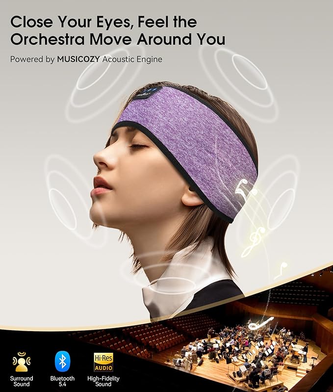 MUSICOZY Sleep Headphones Bluetooth 5.4 Headband, Wireless Earphones Music Sleep Earbuds Sleeping Eye Mask with HD Stereo Speakers for Workout Running Travel Yoga, Ideal Gifts for Women Men