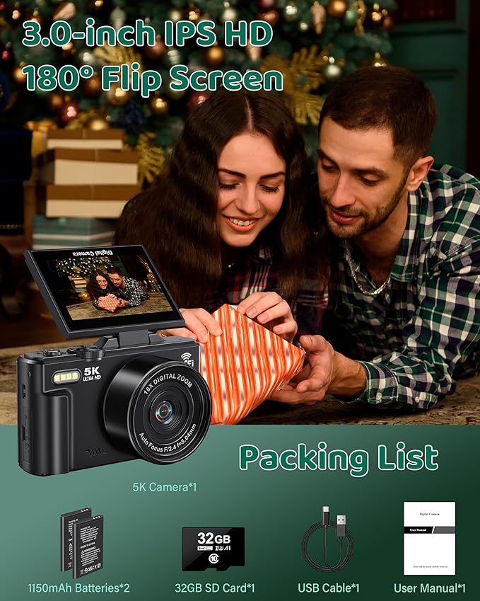 5K Digital Camera - WiFi 75MP Cameras for Photography - UHD Vlogging Camera for YouTube with 3" 180° Flip Screen - Autofocus Compact Video Travel Camara with 18X Zoom, 32GB SD Card, 2 Batteries