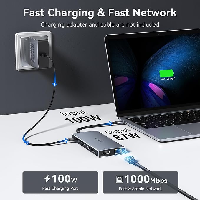 ZMUIPNG USB C Laptop Docking Station with 2 HDMI 4K@60Hz+DP 8K@30Hz 15 in 1 USB C Hub Triple Display Multiple Adapter Dongle with USB A Port+Button+PD+Ethernet+SD/TF+Audio for Dell HP Thinkpad Surface