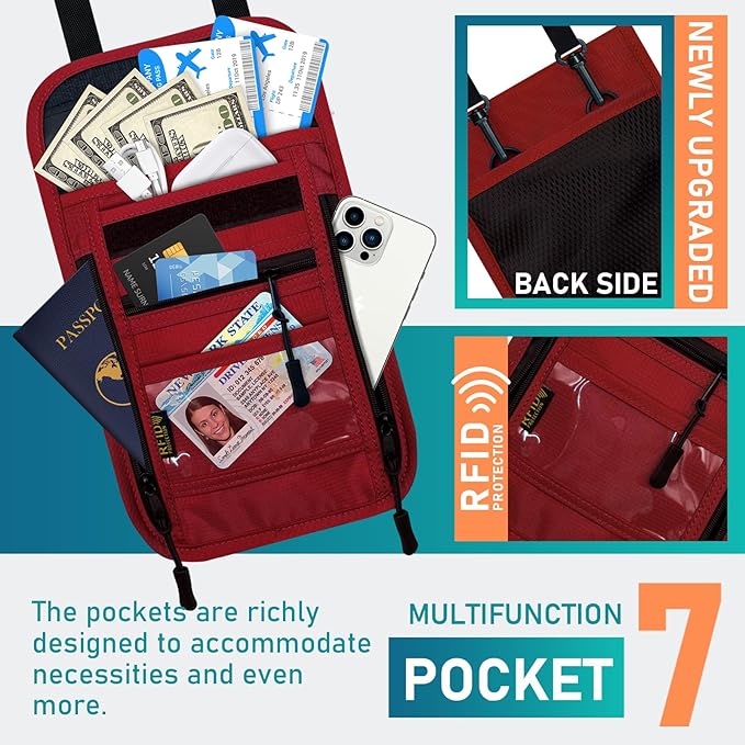 sundee Travel Neck Wallet with Double Zippers, RFID Blocking Passport Holder with Adjustable Neck Strap for Men and Women to Keep Cash, Credit Cards and Travel Documents Safe - Red