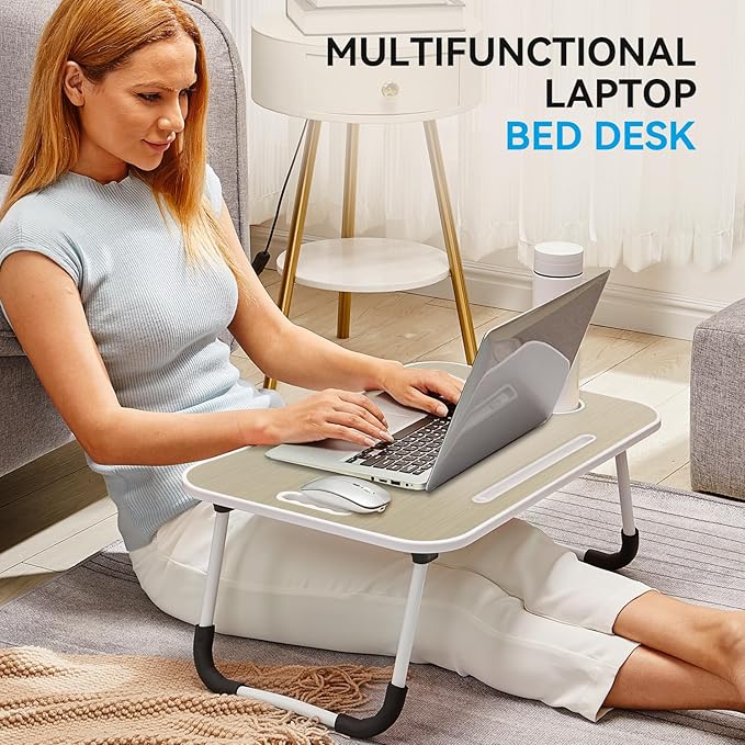 BUYIFY Folding Lap Desk, 23 Inch Portable Wood Brown Laptop Bed Desk Lap Desk with Cup Holder, for Working Reading Writing, Eating, Watching Movies for Bed Sofa Couch Floor