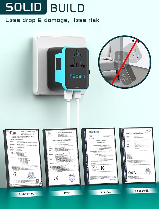 Universal Travel Adapter Worldwide PD 35W, TECSIX International Power Adapter Fast Charging with 2 USB C, 2 USB A Multi Outlets, Gan Travel Plug Adaptor for EU US UK AUS 200+ Countries