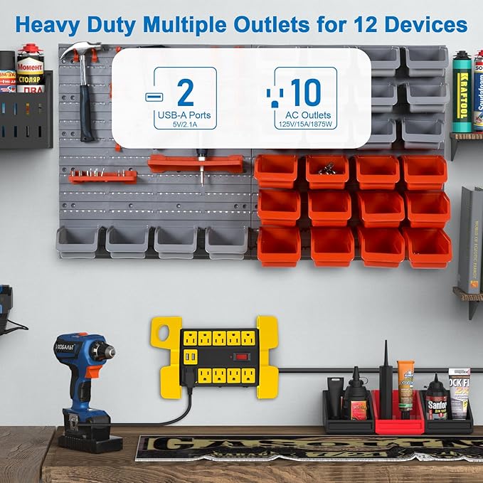 CCCEI Heavy Duty Power Strip with USB Ports, Garage 10 Outlets Surge Protector 2700 Joules, Industrial Workshop Metal 15Amp Multiple Outlets, 15 FT Extension Cord and Wide Spaced Black