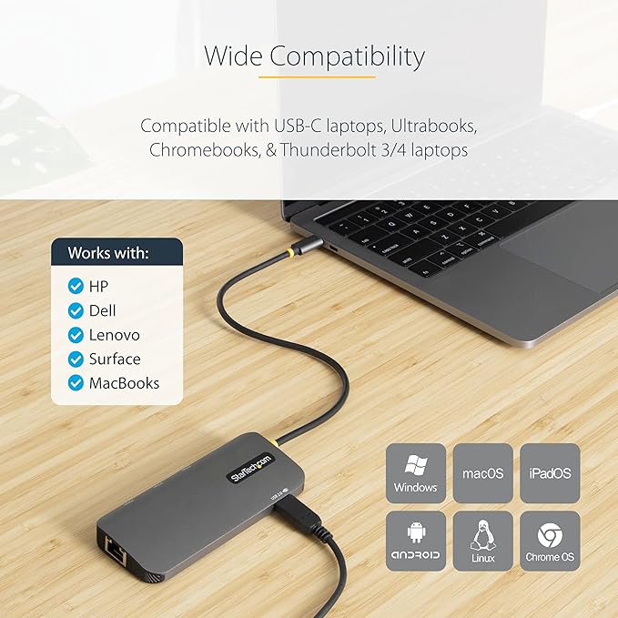 StarTech.com 6-in-1 USB-C Hub for Monitors, 4K 60Hz HDMI Video, HDR10, Gigabit Ethernet, USB 5Gbps Hub, 100W Laptop Charging with Cable Management for MacBook M1 M2 M3 M4 and Windows