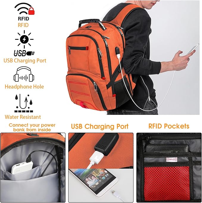 Extra Large 50L Travel Laptop Backpack, Computer bag Backbag with USB Charging Port, TSA Friendly Durable Big RFID Heavy Duty Business Tech Backpack Fits 17 Inch Laptops for Men Women, Orange