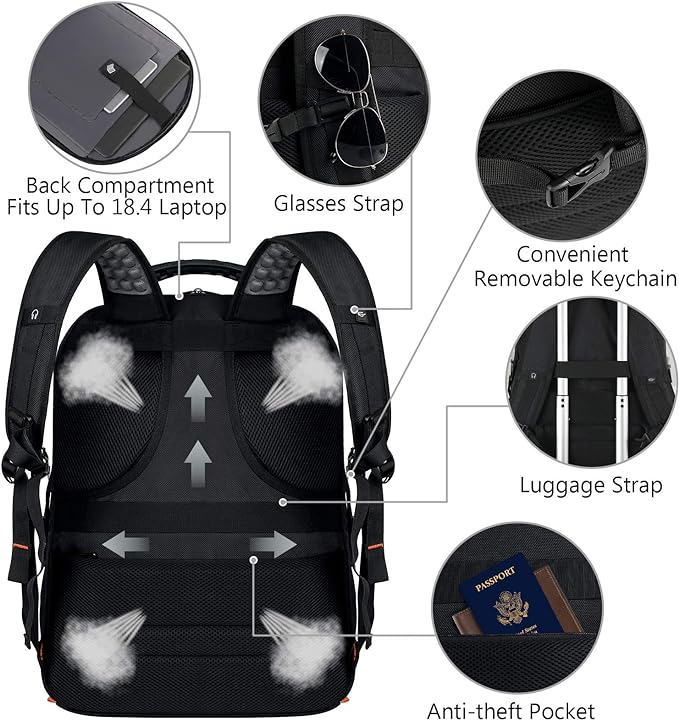 VECKUSON 18.4 Laptop Backpack for Men, 55L Extra Large Gaming Laptops Backpack with USB Charger Port,TSA Friendly Flight Approved and RFID Anti-Theft Pocket