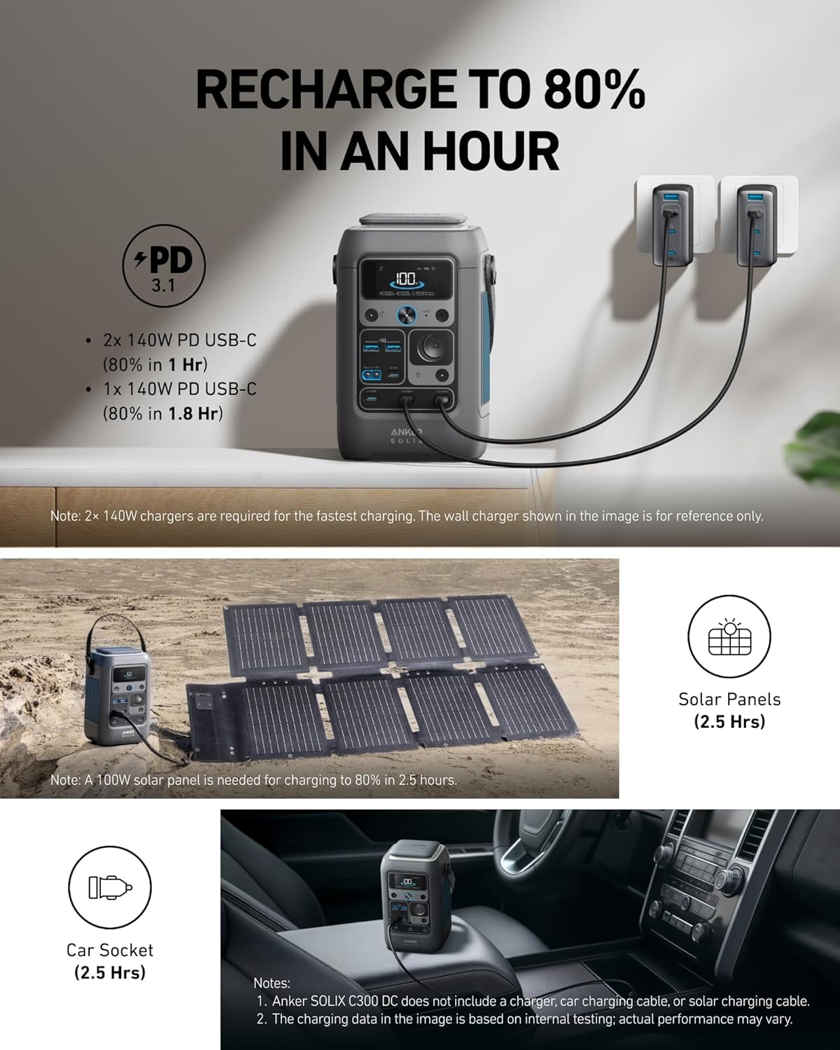Anker SOLIX C300 DC Power Bank Station, Outdoor 288Wh Portable Power Station, LiFePO4 Battery, 300W Solar Generator, for Camping, Traveling, and Emergencies (No Wall Charger Included)