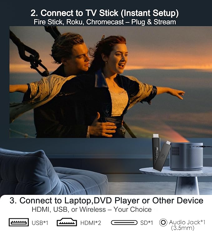 Miroir Mini Projector, Home HD Projector with Built-in Speaker, Auto Focus, Keystone Correction, Portable for Outdoor Movies, Compatible with Smartphone, TV Stick, Laptop, HDMI, USB