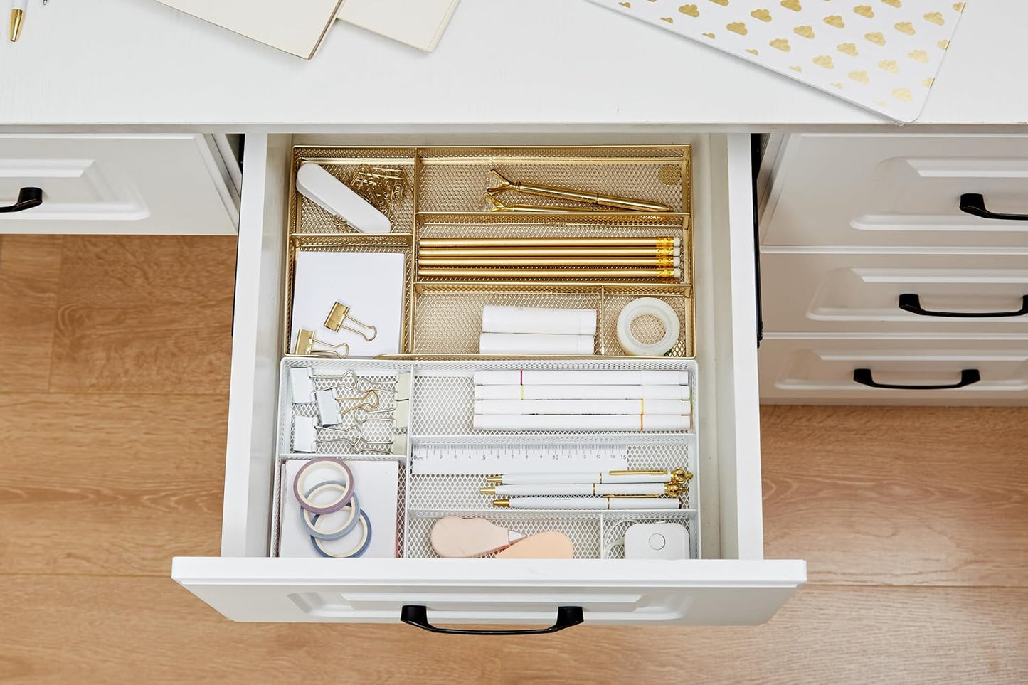 Annova Desk Drawer Organizer Tray for Office Organization - Metal Mesh - Storage Tray with Dividers for Pens, Desktop Accessories, Bathroom, Kitchen, Makeup and Office Supplies (Small, White)