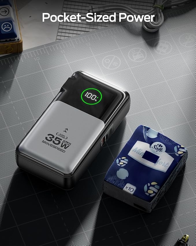 MOVE SPEED 3 in 1 Portable Charger with Built-in Retractable 27.6in Cable and Foldable Wall Plug, 35w 10,000mAh GaN Fast Charging Power Bank, Travel Essential Battery Pack for iPhone 17/16/15,Galaxy