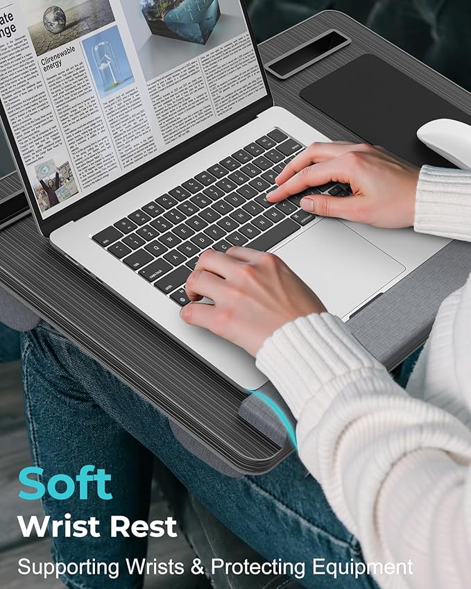 Lap Desk - Up to 17” Laptop Tray with Wrist Rest, Portable Handle, Fixed Mouse Pad, Tablet & Phone Slots, Laptop Stand for Bed with Cushion (Black)