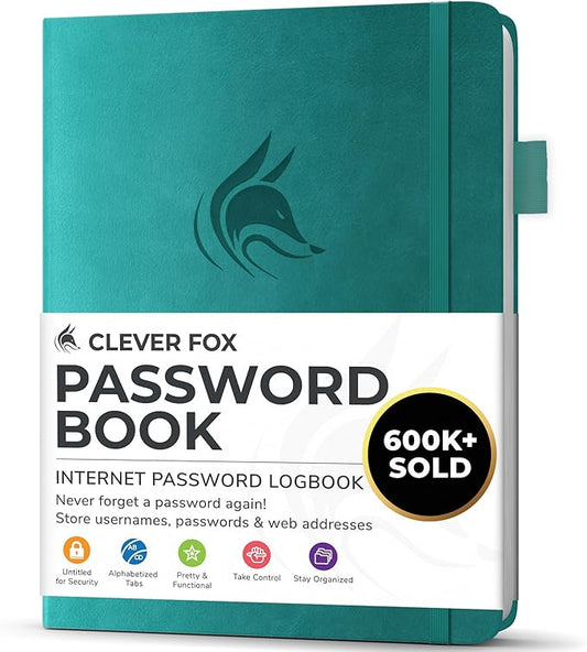 Clever Fox Password Book with alphabetical tabs. Internet Address Organizer Logbook. Small Pocket Password Keeper for Website Logins (Aquamarine)