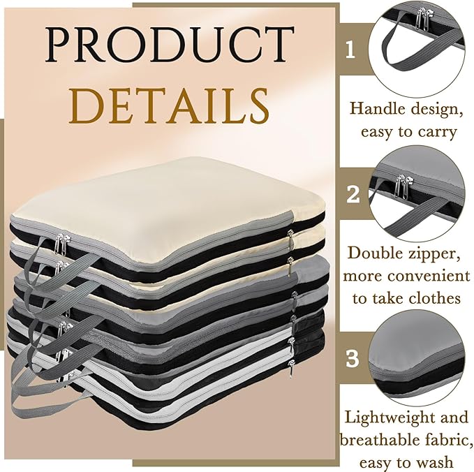 Hosuly 6 Pcs 17.3 x 12.6'' Compression Packing Cube Bag Extra Large Travel Expandable Space Saving Organizers XL for Luggage Storage(Black, Gray, Beige)