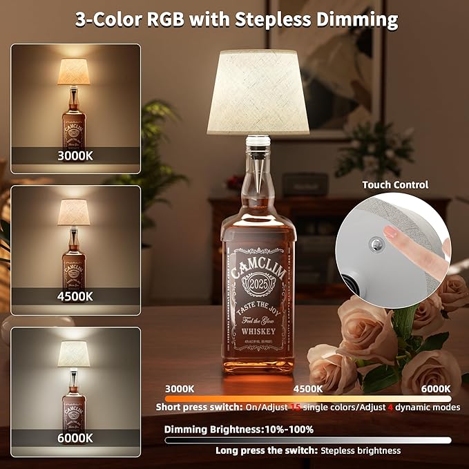Wireless Wine Bottle Lamp Shade: Liquor Bottle Stopper Light with Remote Control Dimmable Cordless Portable Rechargeable Led Battery Operated Whiskey Bottle Lampshade for Bedside Bar Bedroom Decor