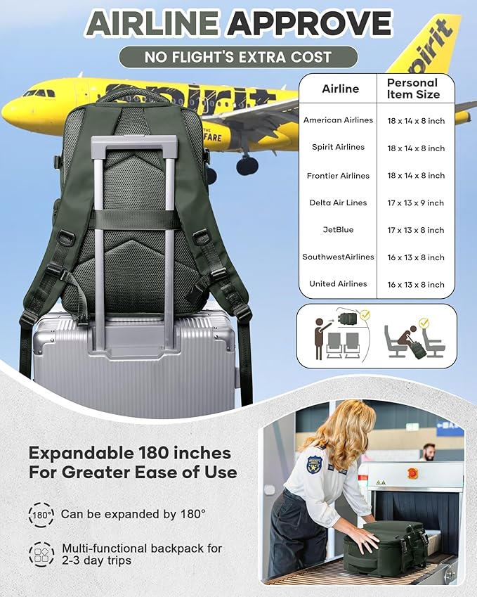 Vacuum Travel Backpack with Pump for Women,Personal Item Carry on Backpacks Flight Approved 18x14x8 inches for Men,Laptop Waterproof Work Compression bags Casual Daypack Green