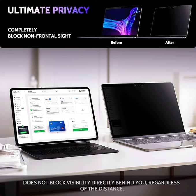 Privacy Screen for MacBook Air 13 Inch (2018-2021, M1) & MacBook Pro 13 In (2016-2022, M1, M2), MagicSuction™ Removable Anti Spy Black Protector, Glare Blue Light Filter for Mac Laptop Computer