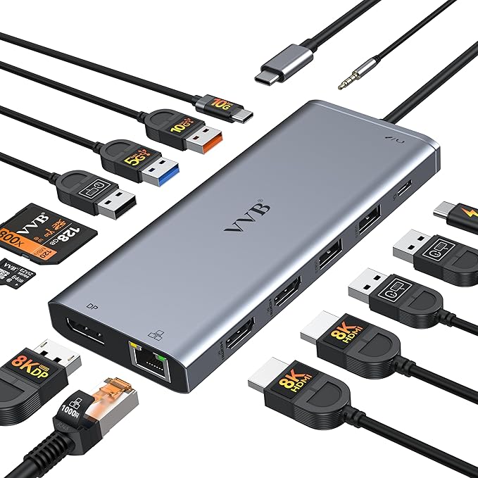 Docking Station Dual Monitor for Dell/HP/Lenovo Laptop,8K HDMI Adapter Docking Station 3 Monitors USB C Hub Multiple Adapter with 2 HDMI+8K DP+10G USB A/C+100W PD+Ethernet+SD/TF+Audio for iPhone 15