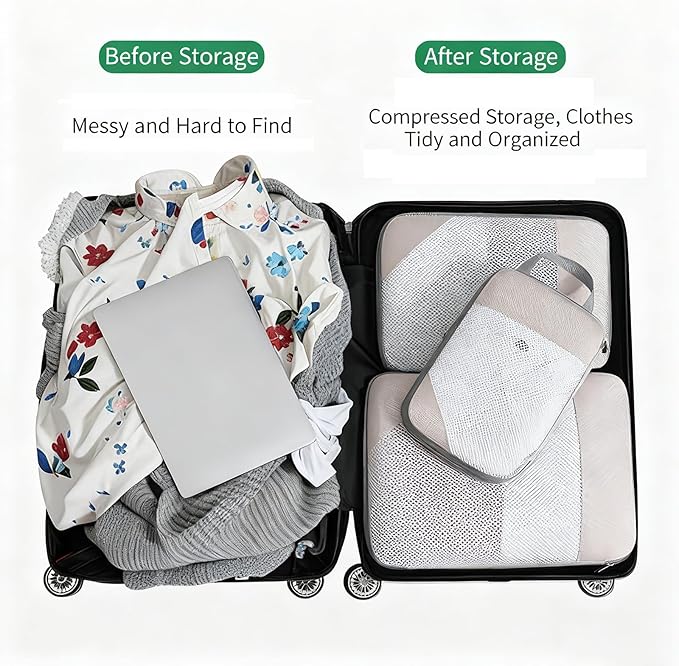 Compression Packing Cubes for Suitcases – 9 Set Travel Luggage Organiser Bags with Mesh Design, Waterproof Ultralight Packing Cubes for Backpack, Clothes & Home Storage (Black)