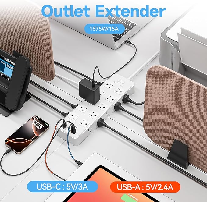 Power Strip Surge Protector Flat Plug with 20 AC Outlets 6 USB Chagring Ports, 1875W/15A, 2700J, 15 Ft Heavy Duty Extension Cord for Home, Office, Dorm, Gaming,ETL Listed (White, 15Feet)