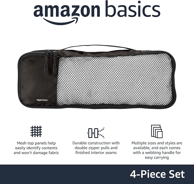 Amazon Essentials 4-Piece Packing Cubes Travel Accessories Set, Luggage Organizer with Double Zipper, Mesh Top, 100% Polyester, Slim, Black (Previously Amazon Basics)