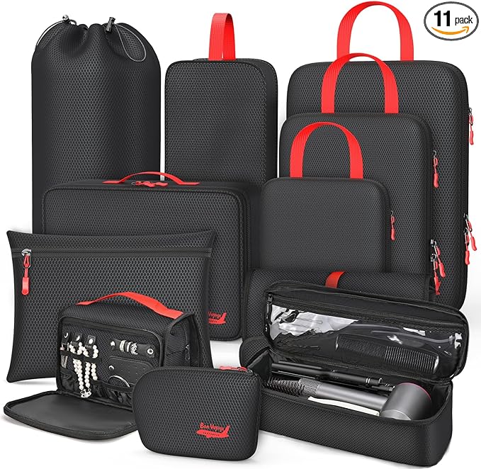 11 Set Compression Packing Cubes for Travel, Waterproof Organizer Set with Hanging Underwear & Toiletry Bag, Shoe/Boot Bag, Hair Tools Organizer, Laundry Bag & Digital Pouch (Black)