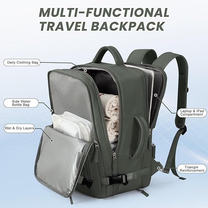 Beraliy Travel Backpack for Men Women, Airline Approved Personal Bag,17.3 Inch Laptop Backpack, Carry On Backpack for Hiking Overnight with USB Charging Hole, Olive-green