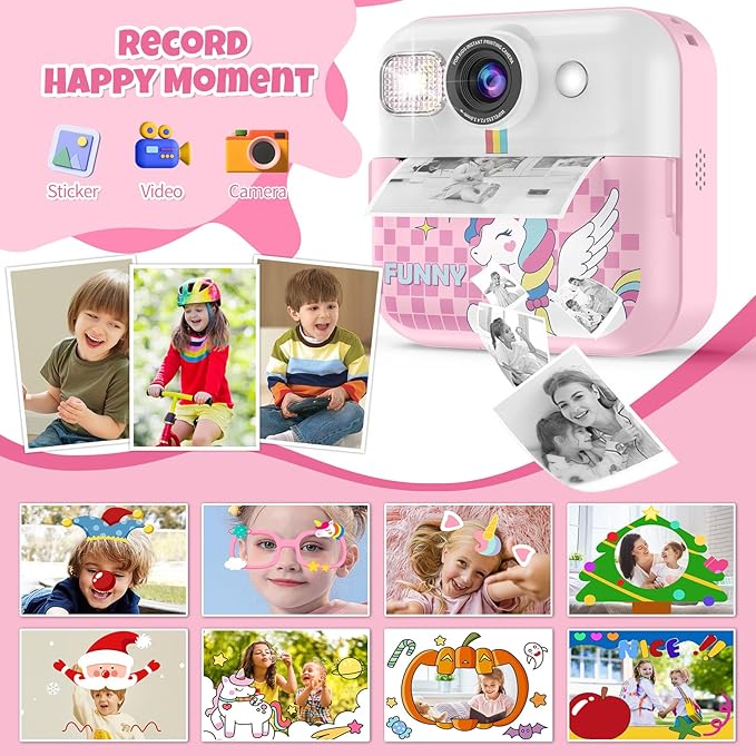 Instant Print Camera for Kids, 1080P Children Printable Cameras Christmas Birthday Gifts for Girls Age 3-10, Toddler Toy for 3 4 5 6 7 8 9 10 Year Old with 3 Roller Photo Paper (Pink)