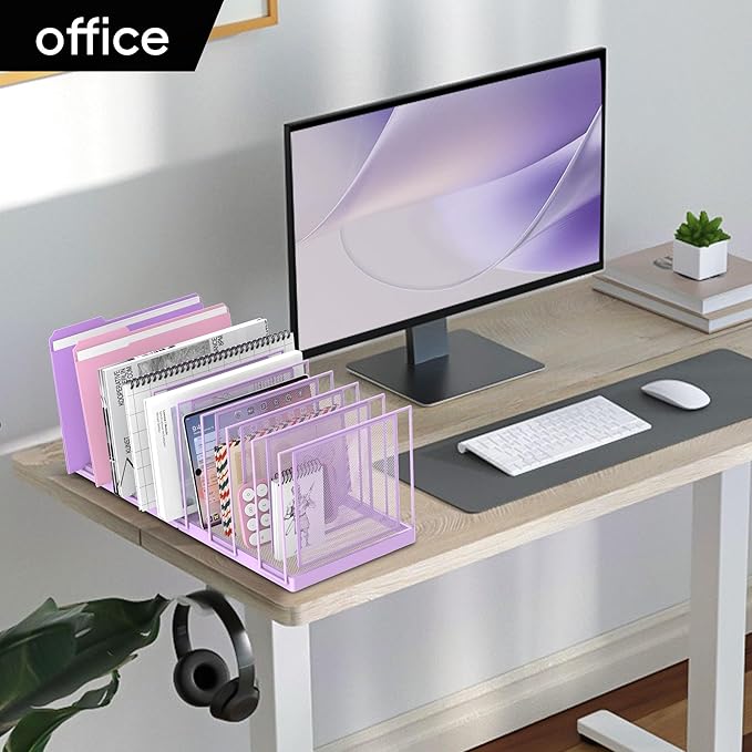 9-Section Desk File Organizer, Vertical File Holder, Mesh Desktop File Folder Metal File Organizer Stand for Office Home Classroom, Purple