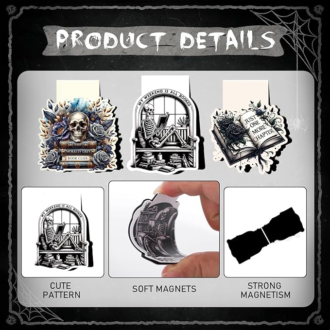 Skeleton Reading Bookmark Magnetic - 8 Pcs Gothic Skeleton Bookmarks Magnets Horror Skull Flower Book Marks Page Magnets Marker Clip Gift for Women Men Students Teacher Book Lovers Reading