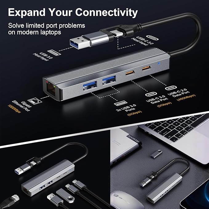 5-in-1 USB C Hub Adapter with Gigabit Ethernet, 2X USB 3.0 Ports, 2X USB C Data Ports, for Windows MacOS Linux Computers and Laptops