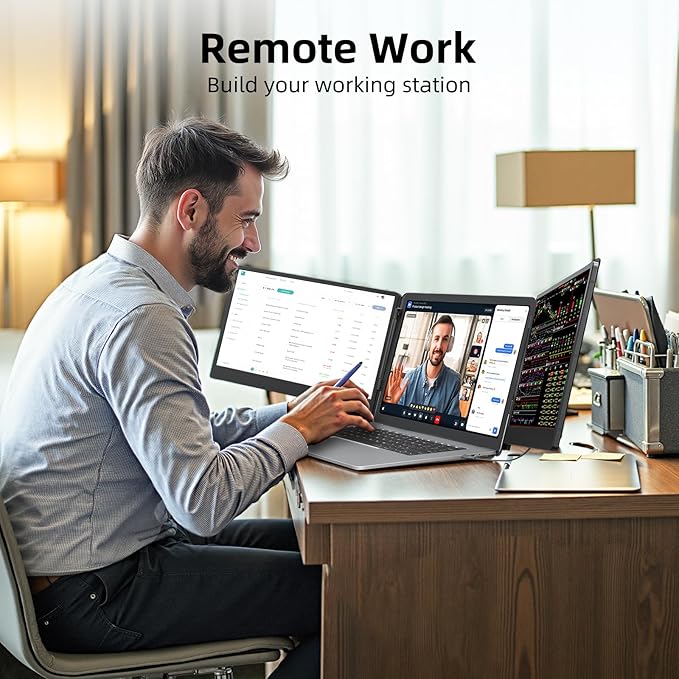 ZUMWALT Laptop Screen Extender, 14" Triple Portable Monitor for Laptop, 1080P FHD Screen Extender Monitors for 13"-16.5", Monitor Extender for MacOS/Windows/Chrome (Built-in Speakers)