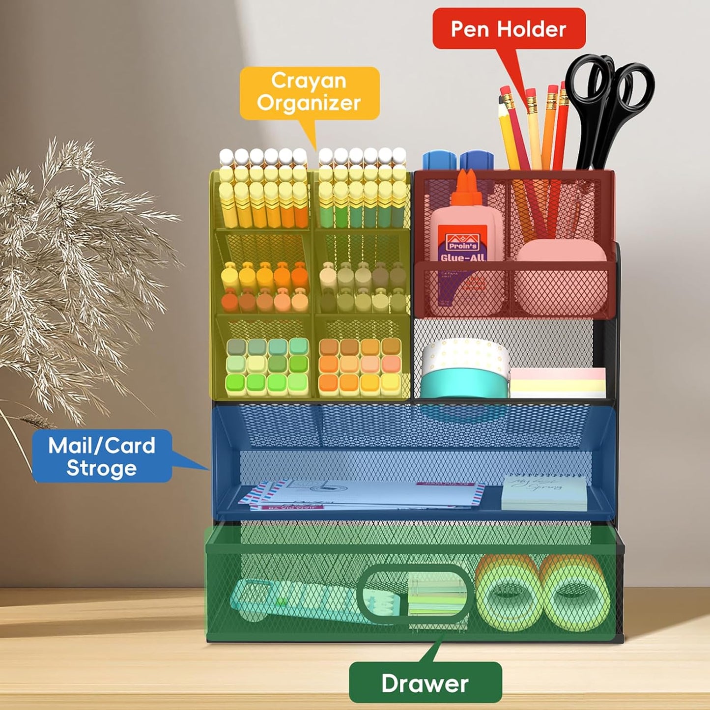 Mesh Pen Organizer for Desk, Multi-Functional Pencil Holder with Drawer Desk Organizers, Large Capacity Storage for School Office Home Supplies (Black)