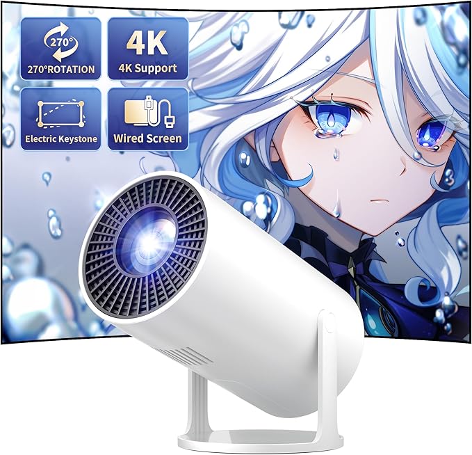 Mini Projector Portable Proyector 4K Support, Full HD 1080P Small Projector with 270° Rotatable Stand, Movie Projector Compatible with TV Stick/Smartphone/HDMI/USB for Bedroom/ Outdoor Camping