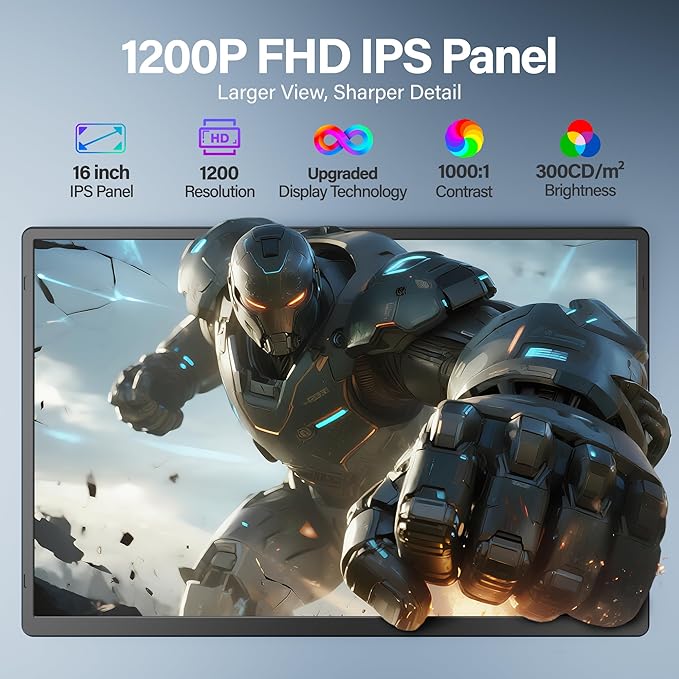 Laptop Screen Extender 16.1", 1920 * 1200 Portable Monitor with Detachable Frameless Display- 360° Rotatable Magnetic Stand, Dual Screen Plug & Play, Extra Monitor for Windows/Mac/Linux/Android