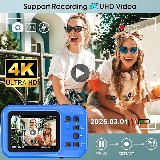 4K Underwater Camera, 64MP 16FT Waterproof Digital Camera with 32GB Card, Autofocus Floatable Waterproof Camera with IPS HD Screen, 16X Digital Zoom, Fill Light, for Snorkeling, Surfing, Swimming