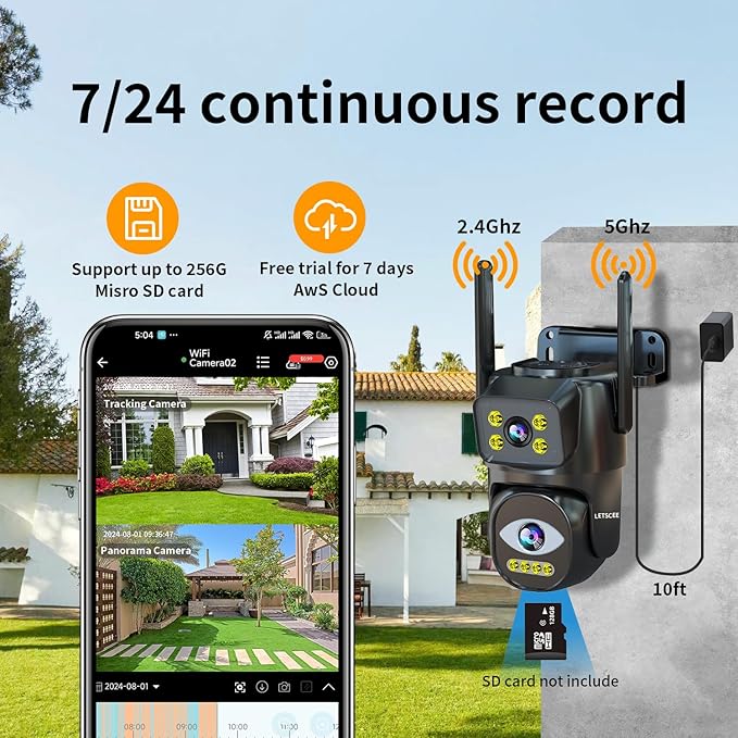 Dual Lens WiFi Security Camera Outdoor,5G/2.4G PTZ Outdoor Auto Tracking,HOM Security Surveillance System Camera,WiFi,Night Vision,7/24 Recording
