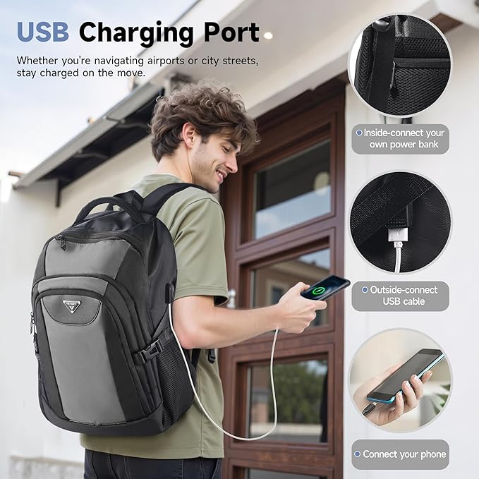 Laptop Travel Backpack with USB Charging Port, Anti-Theft Travel Business Backpack Fits 17 Inch Notebook, 30L Water-Resistant Work Computer Backpack, College School Bookbag for Men Women, Grey/Black