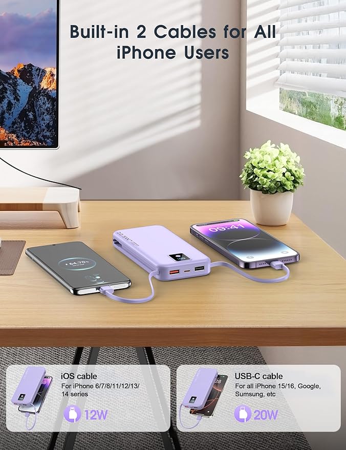 Portable Charger, 12000mAh 22.5W Fast Charging Power Bank with Built-in Cables & Wall Plug, Travel Essential Battery Pack with LED Display, USB C Battery Phone Charger for iPhone, iPad, Samsung Purple