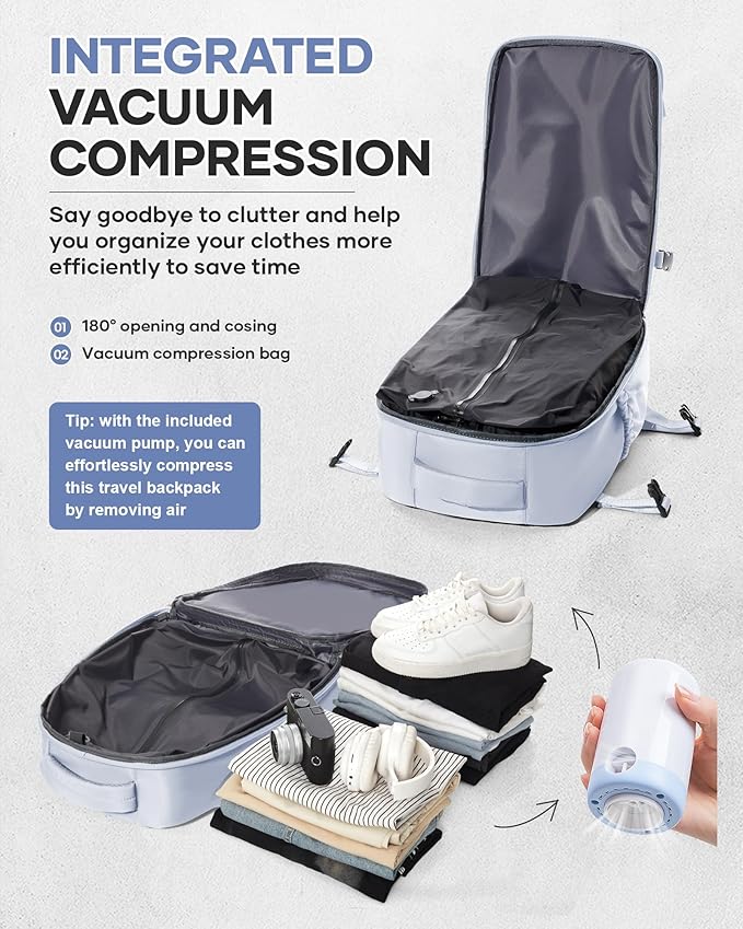 Vacuum Travel Backpack with Pump for Women,Personal Item Carry on Backpacks Flight Approved 18x14x8 inches for Men,Laptop Waterproof Work Compression bags Casual Daypack Grey.