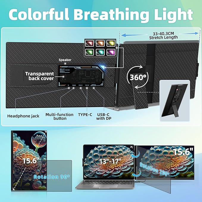 ROYY Laptop Screen Extender Dual Monitor - 15.6" Portable Monitor FHD 1080P IPS 85% NTSC Detachable Screen Extended Extra USB-C/HDMI Port Compatible with Wins Mac Dex Chrome Fits 13"-17" Laptops