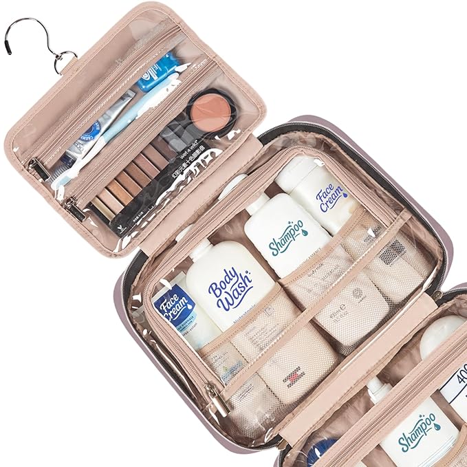 NISHEL Travel Toiletry Bag for women, Portable Hanging Organizer for Full-Sized Shampoo, Conditioner, Brushes Set, Makeup Accessories, Large Size, Peach Pink