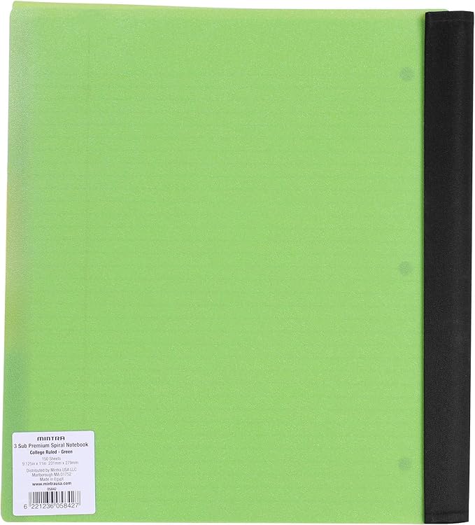 Mintra Office Durable PREMIUM Spiral Notebook, ((Green, 3 Subject, 8.5in x 11in)), Fabric Covered Coils, No Snags, Removable Adjustable Pocket Dividers, Ruler, Organization, Customizable