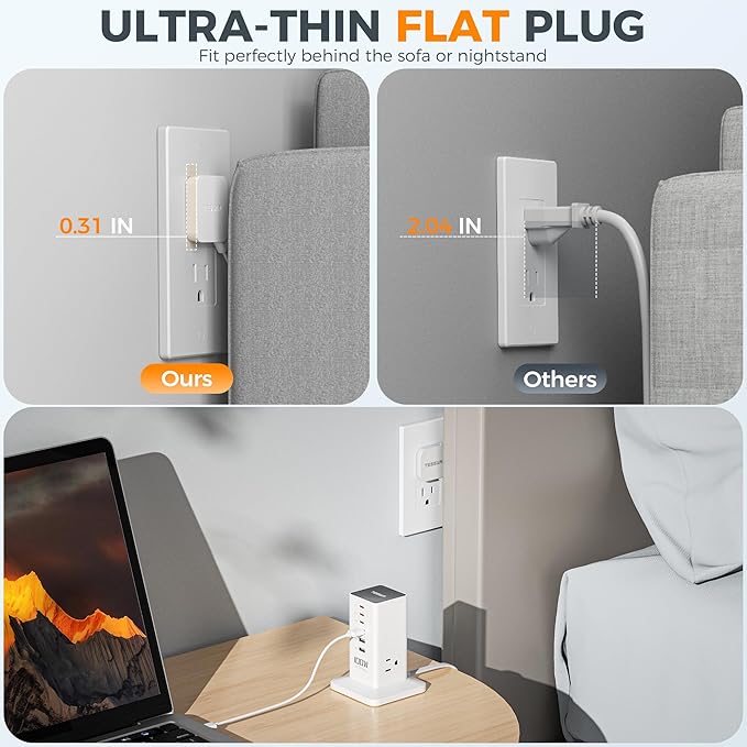 Charging Station PD 100W, TESSAN 9-in-1 USB C Power Strip for iPhone 16/15, MacBook, Tablet, Desktop Phone Fast Charger with 3 AC, 3 USB-A Ports, Home Drom Office Accessories, White