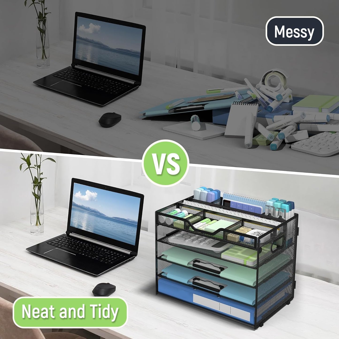 Docnest 5 Tier Mesh Desk Organizer- Letter Tray with Adjustable Compartments, Mesh Desktop Storage Built in Pen Holder and Handles, Desk Organizer Tray for Mail Documents Office Supplies-Black