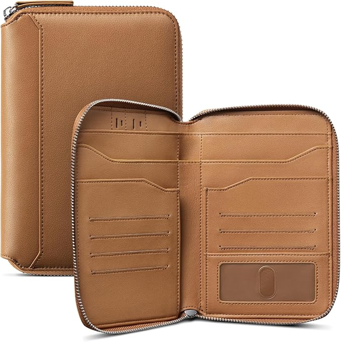 VULKIT Leather Passport Holder for 4-8 Passports Family Passport Wallet with Zipper Travel Documents Organizer for Men or Women(Brown)