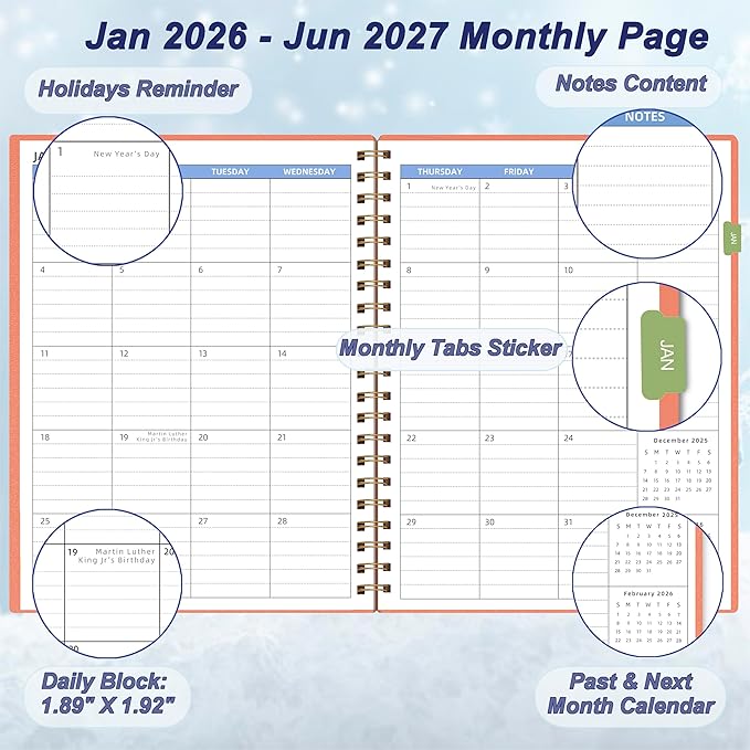 2026 Calendar Monthly Planner (7.4'' x 9.6''), 18 Months Monthly Planner from Jan 2026-Jun 2027, Calendar 2026 Planner with Pocket, 120GSM Paper, Pink