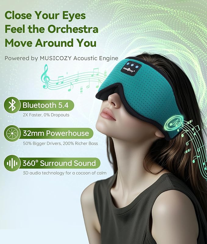 MUSICOZY Sleep Headphones Breathable Bluetooth Headband 3D Sleeping Headphones, Wireless Music Eye Mask Sleep Earbuds for Side Sleeper Women,Men Office Air Travel Cool Tech Gadgets Unique Gifts Green