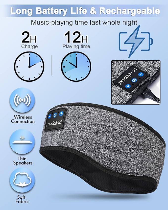 LC-dolida Sleep Headphones Wireless Bluetooth Headband Headphones for Sleeping Music Band Cozy Sleep Mask with Thin HD Stereo Speakers Perfect for Side Sleepers, Sport,Travel Best Gifts for Men Women