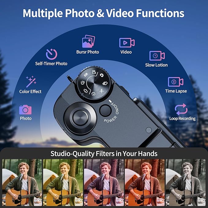 Digital Camera 5K, 64MP Cameras for Photography, YouTube Vlogging, 18X Zoom UHD Autofocus Compact Point and Shoot Flip Screen Camera with 64GB SD Card, 2 Batteries, Small Photo Camera for Kids, Teen